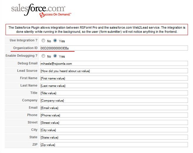 Configure the Salesforce plugin from RSForm!Pro